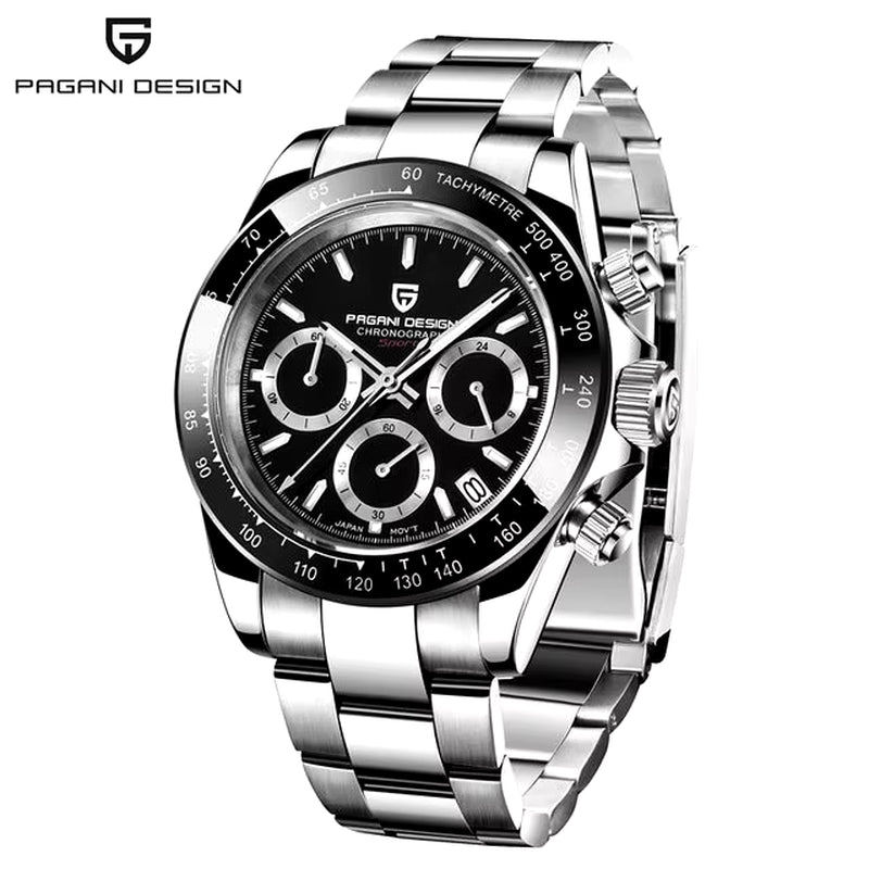40mm V2 Men's Quartz Watch with Sapphire Crystal, Retro Chronograph, Stainless Steel, and Waterproof Features