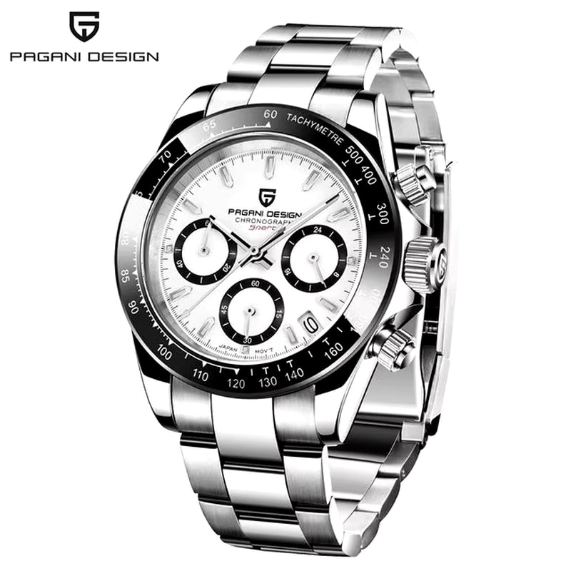 40mm V2 Men's Quartz Watch with Sapphire Crystal, Retro Chronograph, Stainless Steel, and Waterproof Features