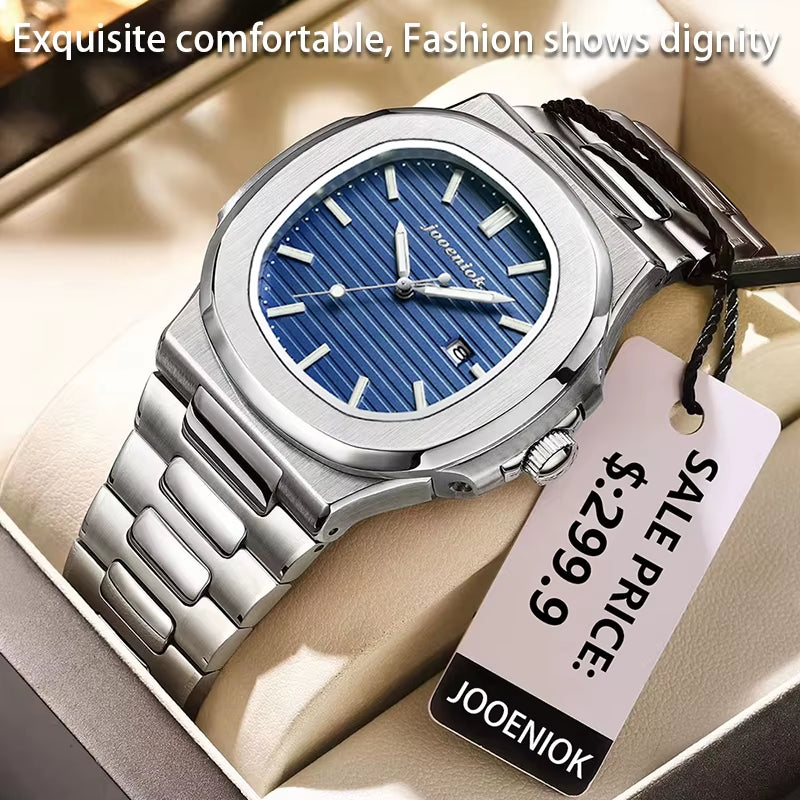 Luxury Square Men's Watch with Date Function, Waterproof, Luminous, High-Quality Leather Strap, Quartz Movement, Includes Box