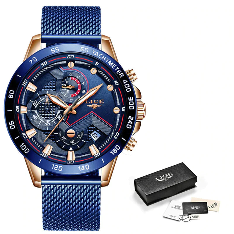 LIGE 2022 Luxury Men's Chronograph Quartz Watch - Stainless Steel Sport Timepiece