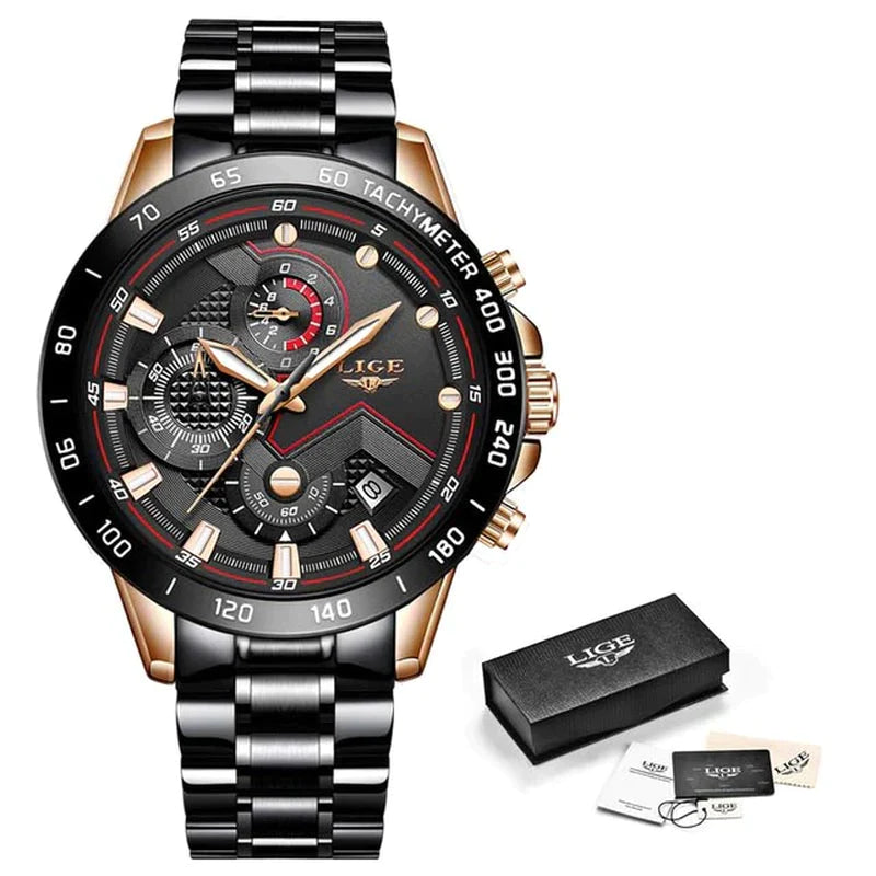 LIGE 2022 Luxury Men's Chronograph Quartz Watch - Stainless Steel Sport Timepiece