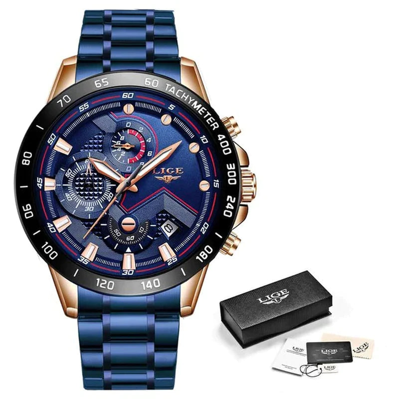 LIGE 2022 Luxury Men's Chronograph Quartz Watch - Stainless Steel Sport Timepiece