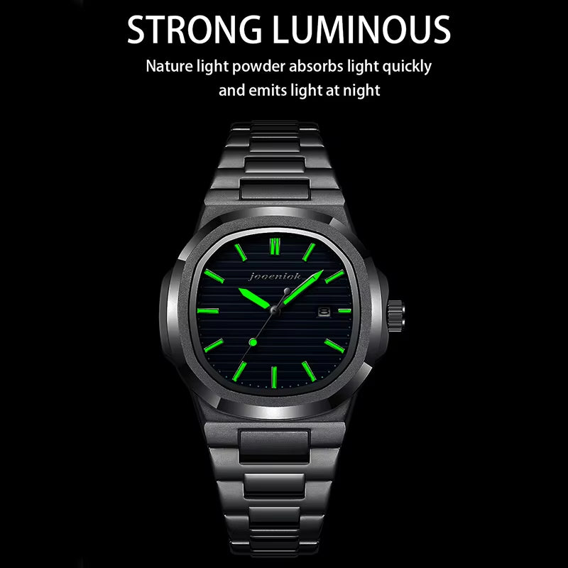 Luxury Square Men's Watch with Date Function, Waterproof, Luminous, High-Quality Leather Strap, Quartz Movement, Includes Box
