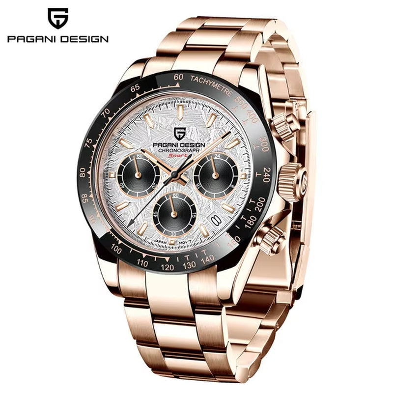40mm V2 Men's Quartz Watch with Sapphire Crystal, Retro Chronograph, Stainless Steel, and Waterproof Features
