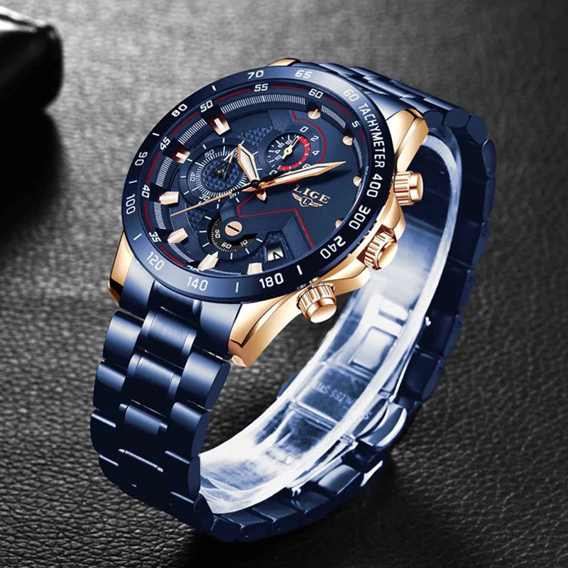 LIGE 2022 Luxury Men's Chronograph Quartz Watch - Stainless Steel Sport Timepiece