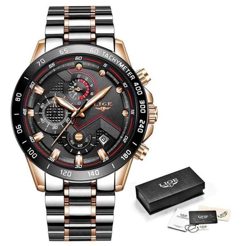 LIGE 2022 Luxury Men's Chronograph Quartz Watch - Stainless Steel Sport Timepiece