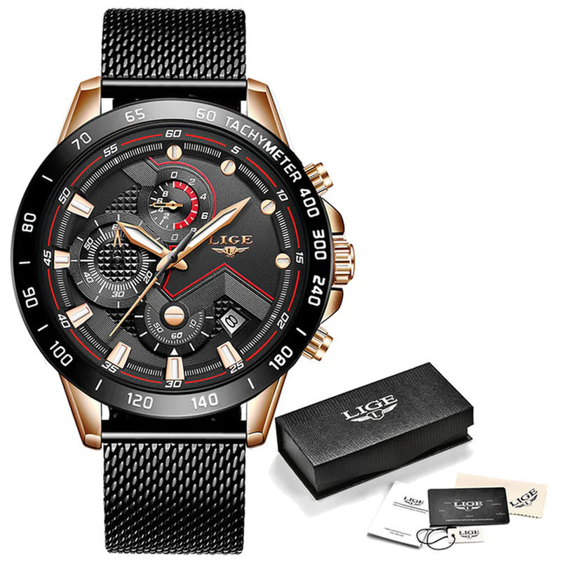 LIGE 2022 Luxury Men's Chronograph Quartz Watch - Stainless Steel Sport Timepiece