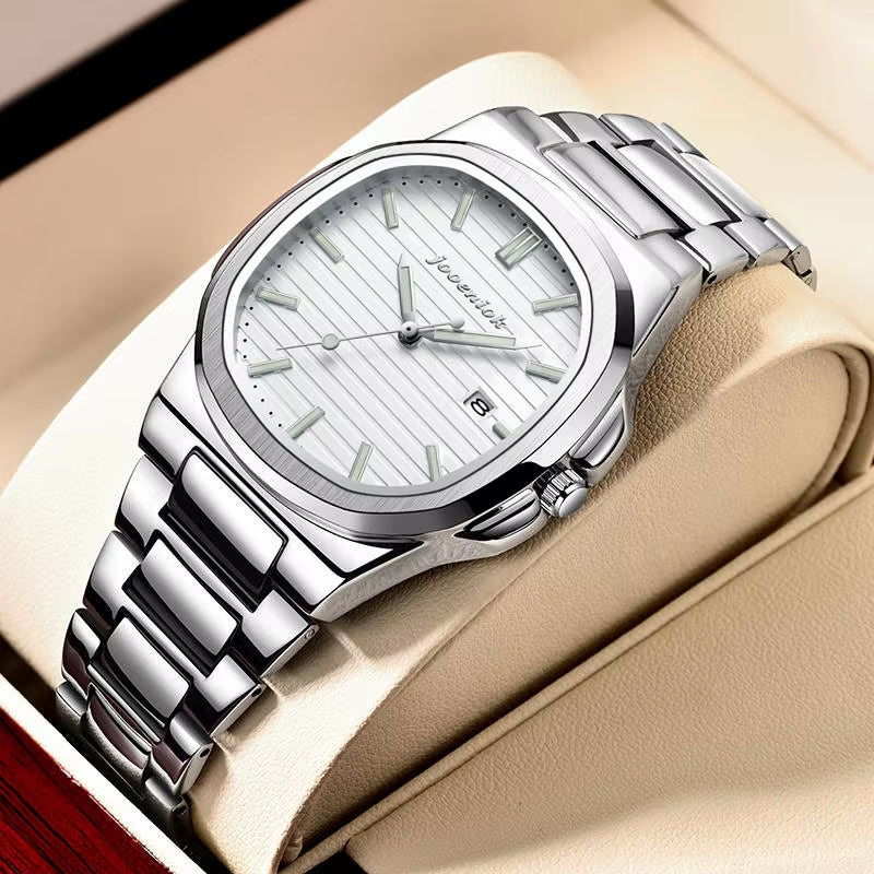 Luxury Square Men's Watch with Date Function, Waterproof, Luminous, High-Quality Leather Strap, Quartz Movement, Includes Box