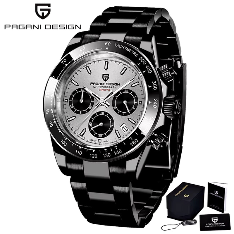 40mm V2 Men's Quartz Watch with Sapphire Crystal, Retro Chronograph, Stainless Steel, and Waterproof Features