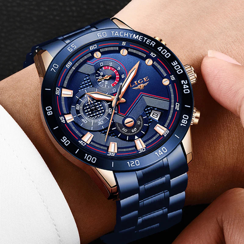 LIGE 2022 Luxury Men's Chronograph Quartz Watch - Stainless Steel Sport Timepiece