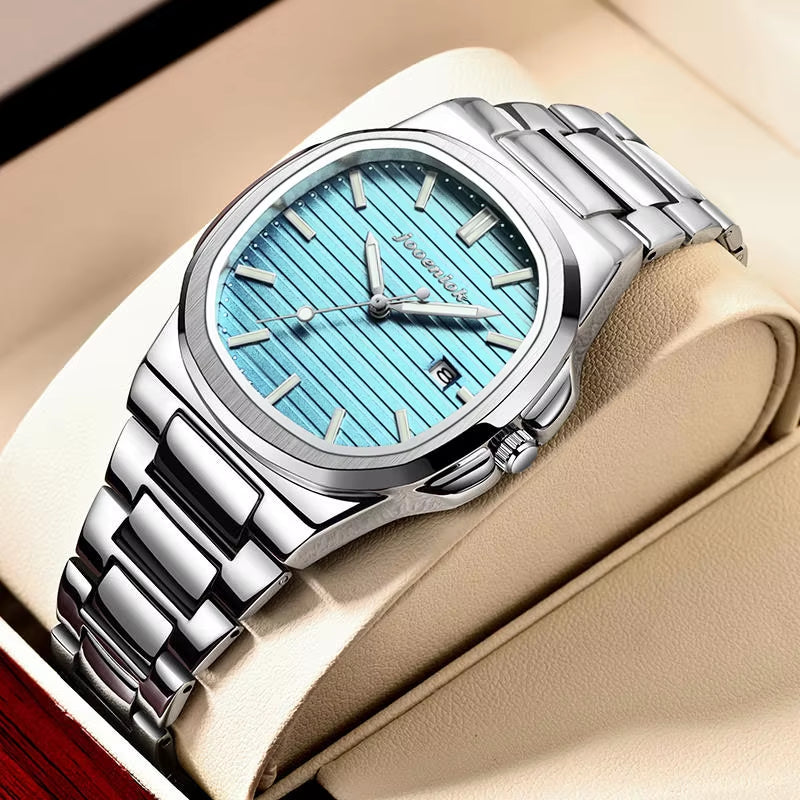 Luxury Square Men's Watch with Date Function, Waterproof, Luminous, High-Quality Leather Strap, Quartz Movement, Includes Box