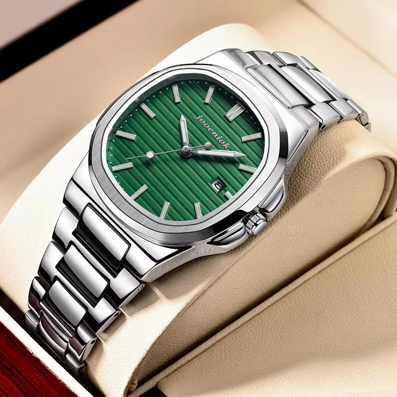 Luxury Square Men's Watch with Date Function, Waterproof, Luminous, High-Quality Leather Strap, Quartz Movement, Includes Box