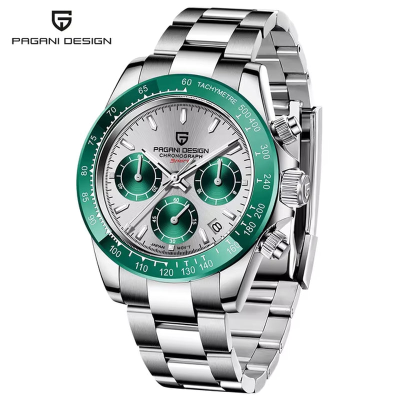 40mm V2 Men's Quartz Watch with Sapphire Crystal, Retro Chronograph, Stainless Steel, and Waterproof Features