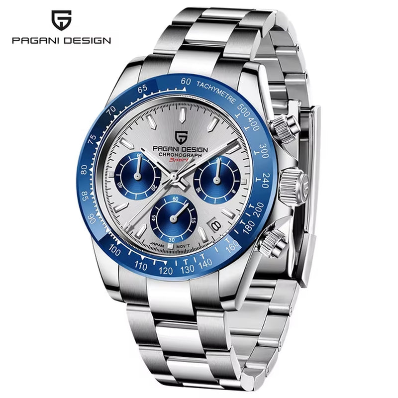 40mm V2 Men's Quartz Watch with Sapphire Crystal, Retro Chronograph, Stainless Steel, and Waterproof Features