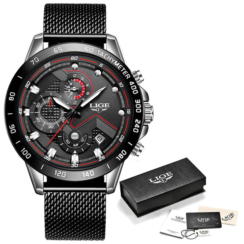 LIGE 2022 Luxury Men's Chronograph Quartz Watch - Stainless Steel Sport Timepiece