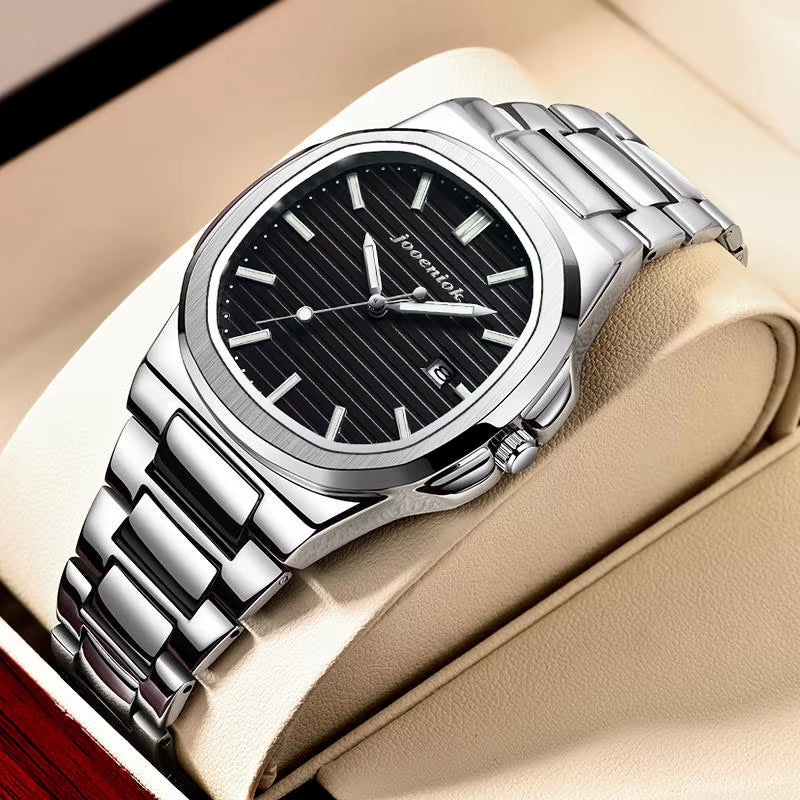 Luxury Square Men's Watch with Date Function, Waterproof, Luminous, High-Quality Leather Strap, Quartz Movement, Includes Box