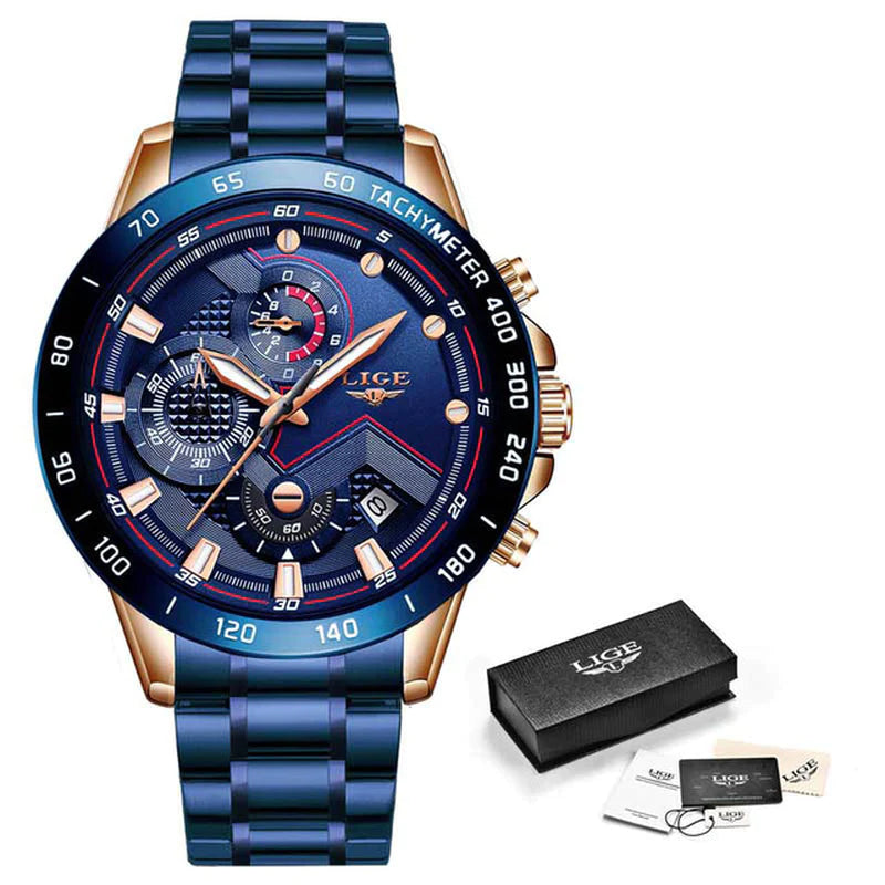 LIGE 2022 Luxury Men's Chronograph Quartz Watch - Stainless Steel Sport Timepiece