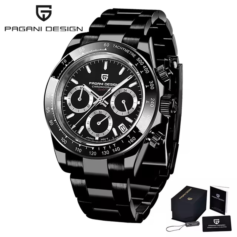 40mm V2 Men's Quartz Watch with Sapphire Crystal, Retro Chronograph, Stainless Steel, and Waterproof Features