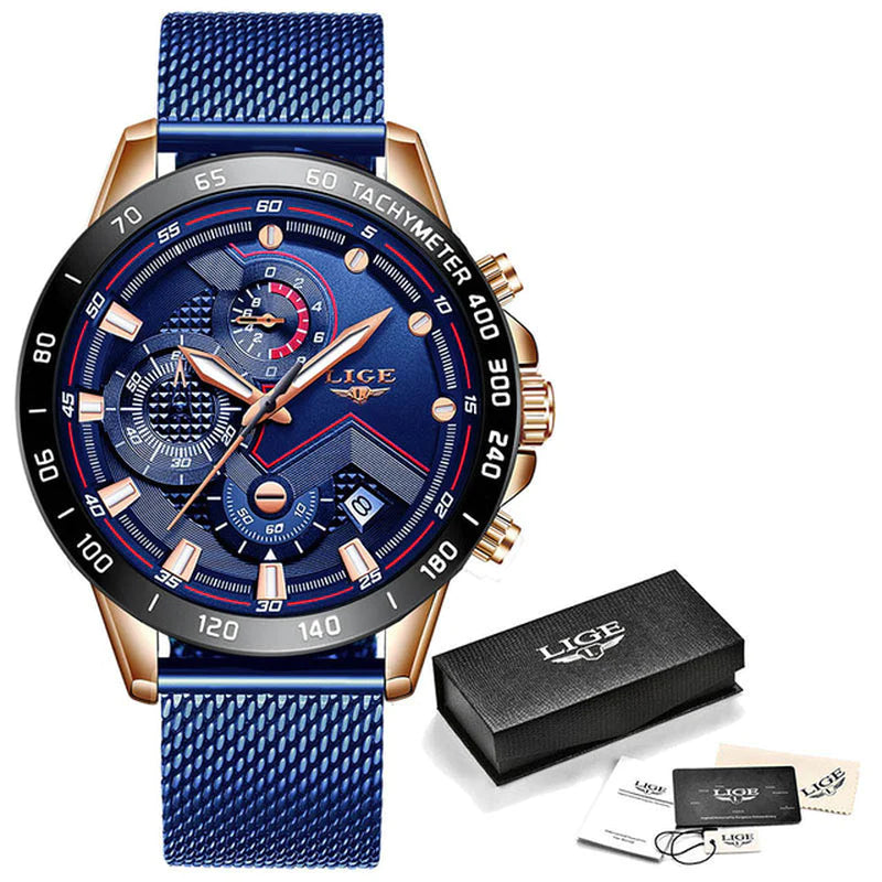 LIGE 2022 Luxury Men's Chronograph Quartz Watch - Stainless Steel Sport Timepiece