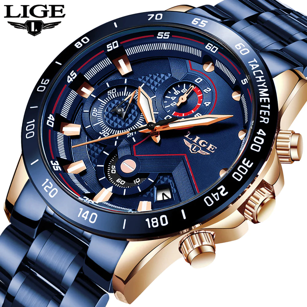 LIGE 2022 Luxury Men's Chronograph Quartz Watch - Stainless Steel Sport Timepiece