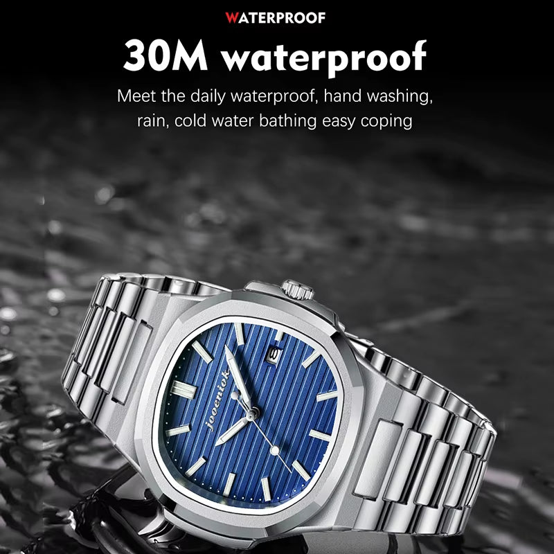 Luxury Square Men's Watch with Date Function, Waterproof, Luminous, High-Quality Leather Strap, Quartz Movement, Includes Box